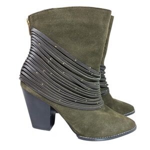 Kelsi Dagger Suede Green Back Zip Block Heel Studded Straps Pointed Toe Size 9